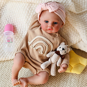 19 inch Full Vinyl Reborn Doll Meadow Hand-Painted Green Eyes Blush Khaki Romper Beige Plaid Bear Pacifier Gift Box for baby kids girl 3+ 48cm Lifelike Baby Gift Set dolls