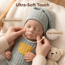 Load image into Gallery viewer, 16" Sleeping Reborn Silicone Baby Doll | Platinum Silicone Ultra-Soft Touch &amp; High Elasticity | Interactive Feeding with Openable Mouth | Sage Green Knit Outfit &amp; Pom-Pom Hat
