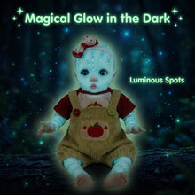 Load image into Gallery viewer, 16" Magical Glow in the Dark Reborn Baby Doll | Cloth Body for Easy Hugging | Lifelike Eyes &amp; Exquisite Facial Design | Apple Overalls Outfit | Halloween Fantasy Gift
