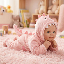 Laden Sie das Bild in den Galerie-Viewer, 17" Hand-Painted Cloth Body Baby Doll with Teeth in Pink Plush Dinosaur Footie - Realistic Customizable Newborn Doll (Bag Packaging)
