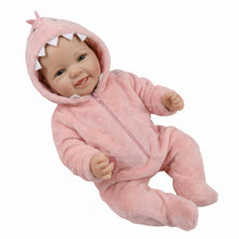 Laden Sie das Bild in den Galerie-Viewer, 17" Hand-Painted Cloth Body Baby Doll with Teeth in Pink Plush Dinosaur Footie - Realistic Customizable Newborn Doll (Bag Packaging)
