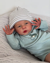 Load image into Gallery viewer, 20 Inch Open Eyes Reborn Baby Doll Hand-Painted Vinyl Head &amp; Limbs Soft Cloth Body with Dinosaur Outfit Hat Magnetic Pacifier Realistic Newborn Doll
