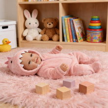 Laden Sie das Bild in den Galerie-Viewer, 17" Hand-Painted Cloth Body Baby Doll with Teeth in Pink Plush Dinosaur Footie - Realistic Customizable Newborn Doll (Bag Packaging)

