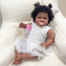 画像をギャラリービューアに読み込む, 24 Inch Fabric Body Reborn Baby Doll - Dark Brown Skin, Implanted Black Curly Hair, White Lace Dress (Handmade Collectible)
