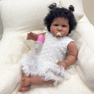 24 Inch Fabric Body Reborn Baby Doll - Dark Brown Skin, Implanted Black Curly Hair, White Lace Dress (Handmade Collectible)