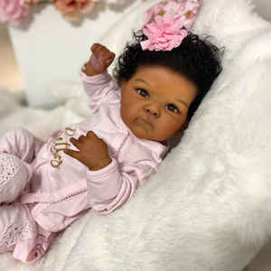 Bettie 18" African American Cloth Body Doll - Hand-Rooted Jet-Black Curls + Blush Pink Floral Print Footed Set & Bonnet | Deep Skin Tone