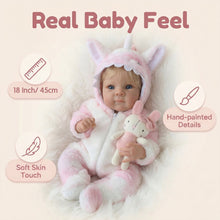 Load image into Gallery viewer, Pinky Reborn 18 Inch Lifelike Reborn Baby Girl Doll | Hand-Rooted Blonde Hair | 2 Body Choices (Soft Cloth / Full Vinyl) with Unicorn Outfit
