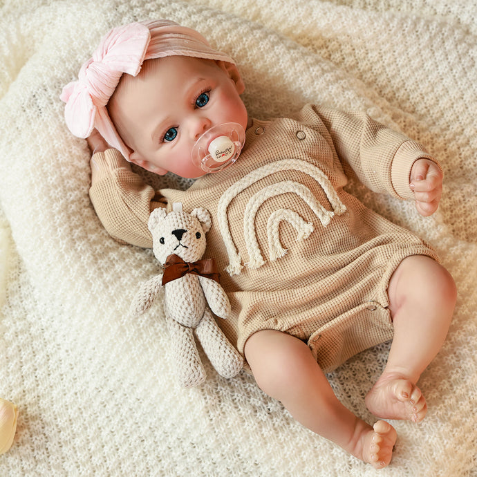 19 inch Full Vinyl Reborn Doll Meadow Hand-Painted Green Eyes Blush Khaki Romper Beige Plaid Bear Pacifier Gift Box for baby kids girl 3+ 48cm Lifelike Baby Gift Set dolls