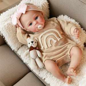 19 inch Full Vinyl Reborn Doll Meadow Hand-Painted Green Eyes Blush Khaki Romper Beige Plaid Bear Pacifier Gift Box for baby kids girl 3+ 48cm Lifelike Baby Gift Set dolls