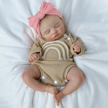 Load image into Gallery viewer, 20 inch Realistic Reborn Baby Dolls Hand Painted Pink Hair Floral Khaki Jumpsuit Doll Fabric Body Closed Eyes
