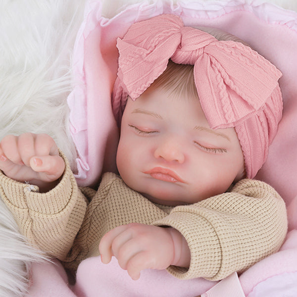 20 inch Realistic Reborn Baby Dolls Hand Painted Pink Hair Floral Khaki Jumpsuit Doll Fabric Body Closed Eyes