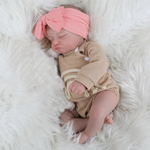 Load image into Gallery viewer, 20 inch Realistic Reborn Baby Dolls Hand Painted Pink Hair Floral Khaki Jumpsuit Doll Fabric Body Closed Eyes
