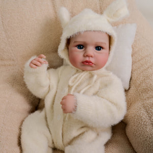 LOULOU 20 inch Reborn Baby Doll - Cloth Body & Full Limbs | Hand-Painted Hair, Blue Eyes + Beige Mink-Feel Footed Onesie