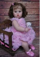 Cargar imagen en el visor de la galería, 24&quot; Poseable Baby Doll Charlotte - Rooted Brown Hair &amp; Sparkling Blue Eyes | Light Pink Sleeveless Dress | Soft Cloth Body
