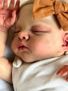 19 inch 48cm Gallery-Level Reborn Baby Irys- Hand-Painted Portrait, Cloth Body + Deep Blush Bow & Strapless Romper