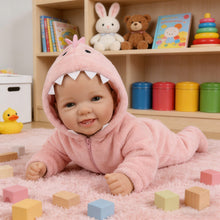 Laden Sie das Bild in den Galerie-Viewer, 17" Hand-Painted Cloth Body Baby Doll with Teeth in Pink Plush Dinosaur Footie - Realistic Customizable Newborn Doll (Bag Packaging)
