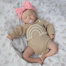 Load image into Gallery viewer, 20 inch Realistic Reborn Baby Dolls Hand Painted Pink Hair Floral Khaki Jumpsuit Doll Fabric Body Closed Eyes
