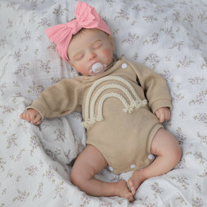 20 inch Realistic Reborn Baby Dolls Hand Painted Pink Hair Floral Khaki Jumpsuit Doll Fabric Body Closed Eyes