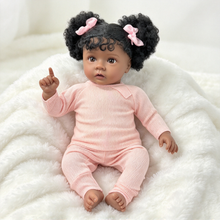 Carregar imagem no visualizador da galeria, 20" African American Reborn Baby Doll | Realistic Black Silicone Newborn with Curly Pigtails | Pink Ribbed Long-Sleeve Outfit | Lifelike Toddler Gift for Kids
