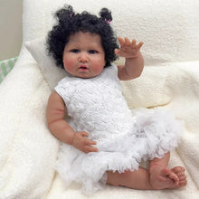 画像をギャラリービューアに読み込む, 24 Inch Fabric Body Reborn Baby Doll - Dark Brown Skin, Implanted Black Curly Hair, White Lace Dress (Handmade Collectible)
