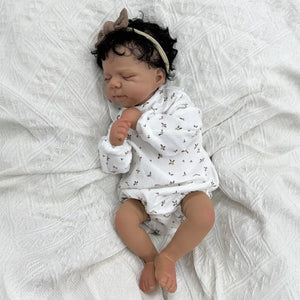 Pascale African American Fashion Doll 48cm - in White Floral Peter Pan Collar Bodysuit & Headband, Rooted Black Curly Hair, Cloth Body