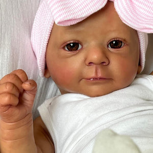 White Halter Romper & Pink Bow Hat Reborn Doll - 19 Inch Dark Skin Cloth Body, Hand Painted HD Hair - Felicia