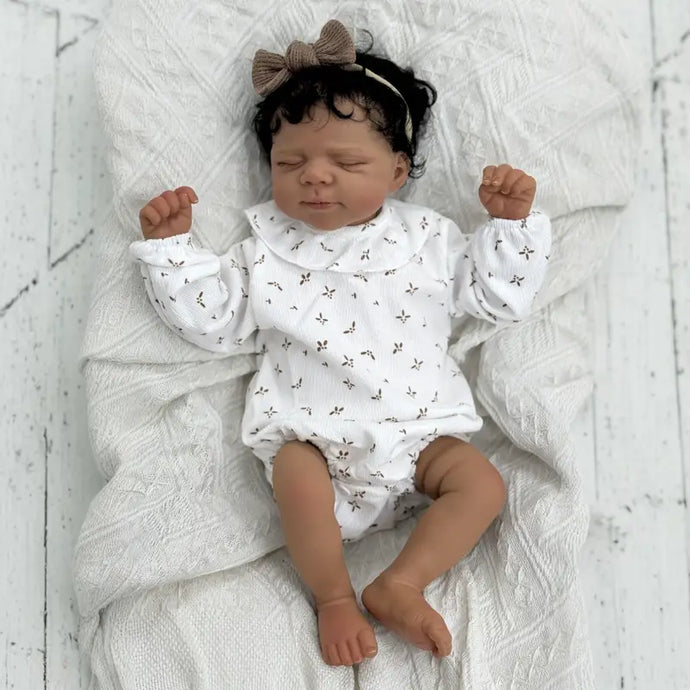 Pascale African American Fashion Doll 48cm - in White Floral Peter Pan Collar Bodysuit & Headband, Rooted Black Curly Hair, Cloth Body
