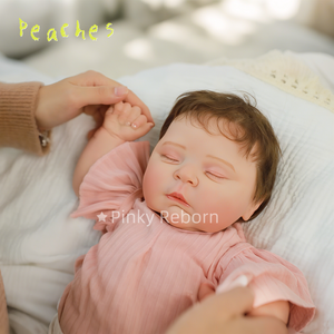 20" Peaches Hybrid Reborn Doll Realistic 3D Skin & Implanted Brown Hair - w/ Pink Stripes Outfit & Kitty Pacifier