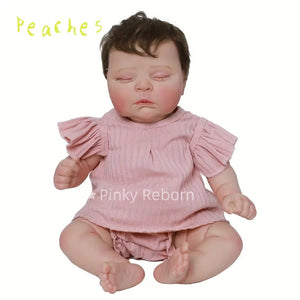20" Peaches Hybrid Reborn Doll Realistic 3D Skin & Implanted Brown Hair - w/ Pink Stripes Outfit & Kitty Pacifier