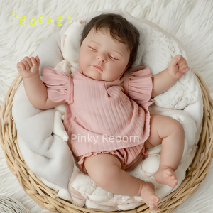20" Peaches Hybrid Reborn Doll Realistic 3D Skin & Implanted Brown Hair - w/ Pink Stripes Outfit & Kitty Pacifier