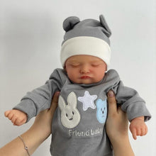 Load image into Gallery viewer, Lifelike Reborn Baby Doll - Full Vinyl Body with Hand-Painted Hair &amp; Closed Eyes, Wearing Gray Outfit with Hat, Complete Feeding Set &amp; Gift Box (18Inch)
