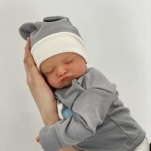 Load image into Gallery viewer, Lifelike Reborn Baby Doll - Full Vinyl Body with Hand-Painted Hair &amp; Closed Eyes, Wearing Gray Outfit with Hat, Complete Feeding Set &amp; Gift Box (18Inch)
