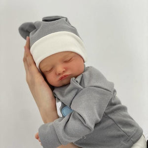 Lifelike Reborn Baby Doll - Full Vinyl Body with Hand-Painted Hair & Closed Eyes, Wearing Gray Outfit with Hat, Complete Feeding Set & Gift Box (18Inch)