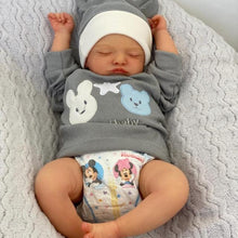 Load image into Gallery viewer, Lifelike Reborn Baby Doll - Full Vinyl Body with Hand-Painted Hair &amp; Closed Eyes, Wearing Gray Outfit with Hat, Complete Feeding Set &amp; Gift Box (18Inch)
