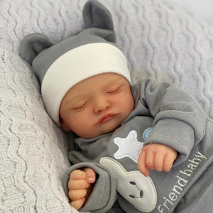 Lifelike Reborn Baby Doll - Full Vinyl Body with Hand-Painted Hair & Closed Eyes, Wearing Gray Outfit with Hat, Complete Feeding Set & Gift Box (18Inch)