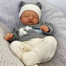 Load image into Gallery viewer, Lifelike Reborn Baby Doll - Full Vinyl Body with Hand-Painted Hair &amp; Closed Eyes, Wearing Gray Outfit with Hat, Complete Feeding Set &amp; Gift Box (18Inch)
