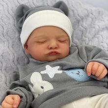 Load image into Gallery viewer, Lifelike Reborn Baby Doll - Full Vinyl Body with Hand-Painted Hair &amp; Closed Eyes, Wearing Gray Outfit with Hat, Complete Feeding Set &amp; Gift Box (18Inch)
