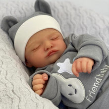 Load image into Gallery viewer, Lifelike Reborn Baby Doll - Full Vinyl Body with Hand-Painted Hair &amp; Closed Eyes, Wearing Gray Outfit with Hat, Complete Feeding Set &amp; Gift Box (18Inch)
