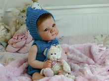 Cargar imagen en el visor de la galería, Bettie 18&quot;  Cloth Body Doll in Sleeveless Blue Knit Sweater &amp; Matching Hat  Rooted Chestnut Brown Hair Glass-Look Blue Eyes Collector Art Doll
