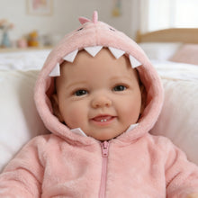 Laden Sie das Bild in den Galerie-Viewer, 17" Hand-Painted Cloth Body Baby Doll with Teeth in Pink Plush Dinosaur Footie - Realistic Customizable Newborn Doll (Bag Packaging)
