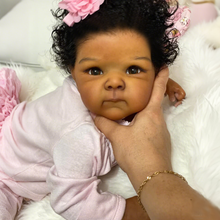 Carica l&#39;immagine nel visualizzatore di Gallery, Bettie 18&quot; African American Cloth Body Doll - Hand-Rooted Jet-Black Curls + Blush Pink Floral Print Footed Set &amp; Bonnet | Deep Skin Tone

