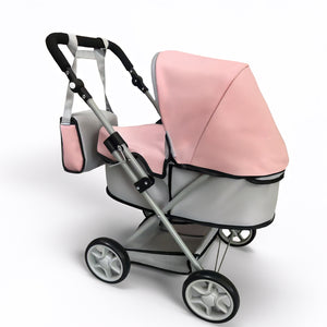 Baby Doll Stroller Pram Adjustable Hood Pushchair Lightweight Foldable Buggy Style for Dolls Up to 55cm (22") Includes Storage Basket Shoulder Bag Gift for Girls Ages 3+