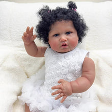 画像をギャラリービューアに読み込む, 24 Inch Fabric Body Reborn Baby Doll - Dark Brown Skin, Implanted Black Curly Hair, White Lace Dress (Handmade Collectible)
