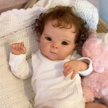 画像をギャラリービューアに読み込む, Bettie 18-Inch Realistic Reborn Baby Doll Gift Set with Open Blue Eyes - Lifelike Black Curly Hair, Vinyl Head &amp; Limbs, Magnetic Pacifier, Bottle &amp; Birth Certificate Included
