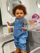 Cargar imagen en el visor de la galería, 26&quot; Deep Skin Baby Doll with Implanted Brown Afro &amp; 3D Eyes - Denim Overalls w/ Black-White Striped Lining - Realistic Pippa
