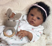 Load image into Gallery viewer, 19 Inch Lifelike Reborn Baby Doll Primrose Awake | 48cm Realistic Black Baby Doll with Curly Hair Soft Body Wearable White Print Zip Suit Christmas Gift for Kids Collectors

