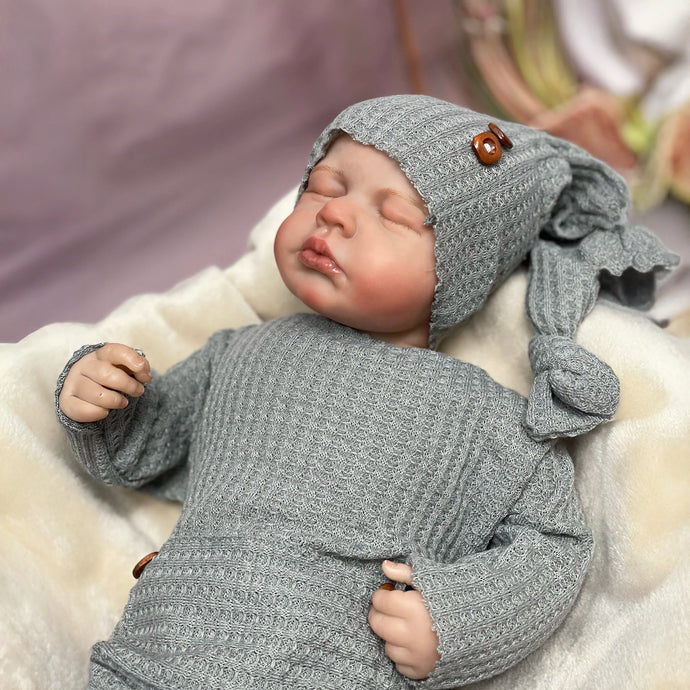 20 Inch LouLou Asleep Reborn Body Doll - Hand-Painted Hair, Full Limbs in Grey Footed Sleeper & Nightcap, High-Definition Blush, Eyes Closed