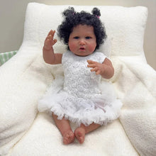 画像をギャラリービューアに読み込む, 24 Inch Fabric Body Reborn Baby Doll - Dark Brown Skin, Implanted Black Curly Hair, White Lace Dress (Handmade Collectible)

