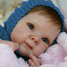 Cargar imagen en el visor de la galería, Bettie 18&quot;  Cloth Body Doll in Sleeveless Blue Knit Sweater &amp; Matching Hat  Rooted Chestnut Brown Hair Glass-Look Blue Eyes Collector Art Doll
