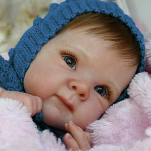 Bettie 18"  Cloth Body Doll in Sleeveless Blue Knit Sweater & Matching Hat  Rooted Chestnut Brown Hair Glass-Look Blue Eyes Collector Art Doll